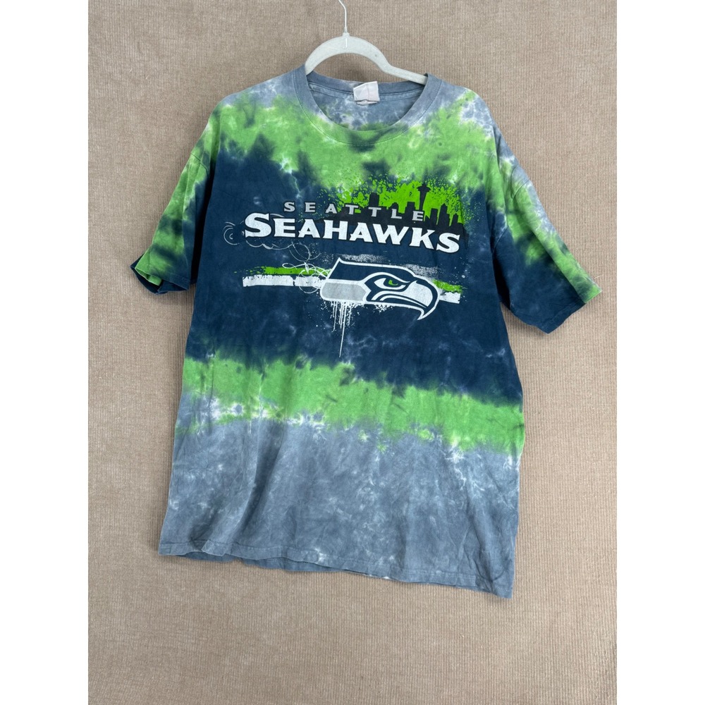 Majestic Seattle Seahawks Tie Dye T-Shirt Mens Green Blue Skyline Graphic Tee